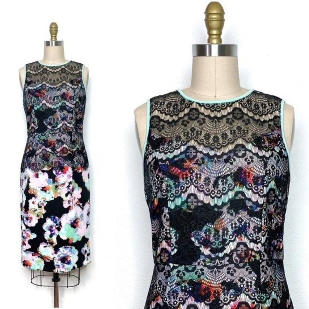 Neiman Marcus Floral Lace Overlay Sleeveless Scuba Sheath Dress sz Small